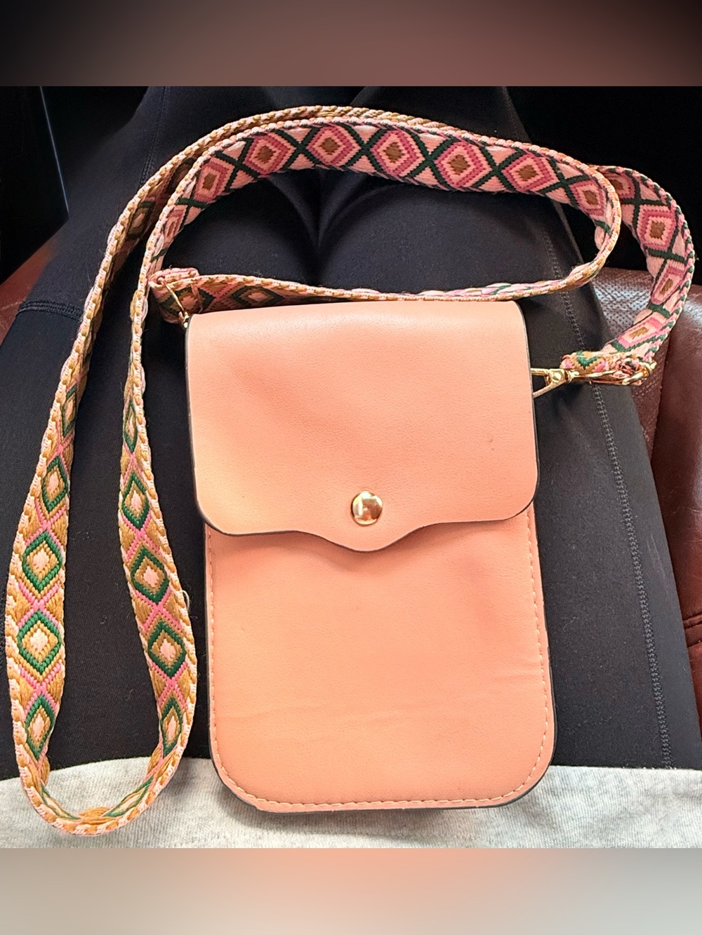 Peach Crossbody Phone Pouch with Patterned Strap
